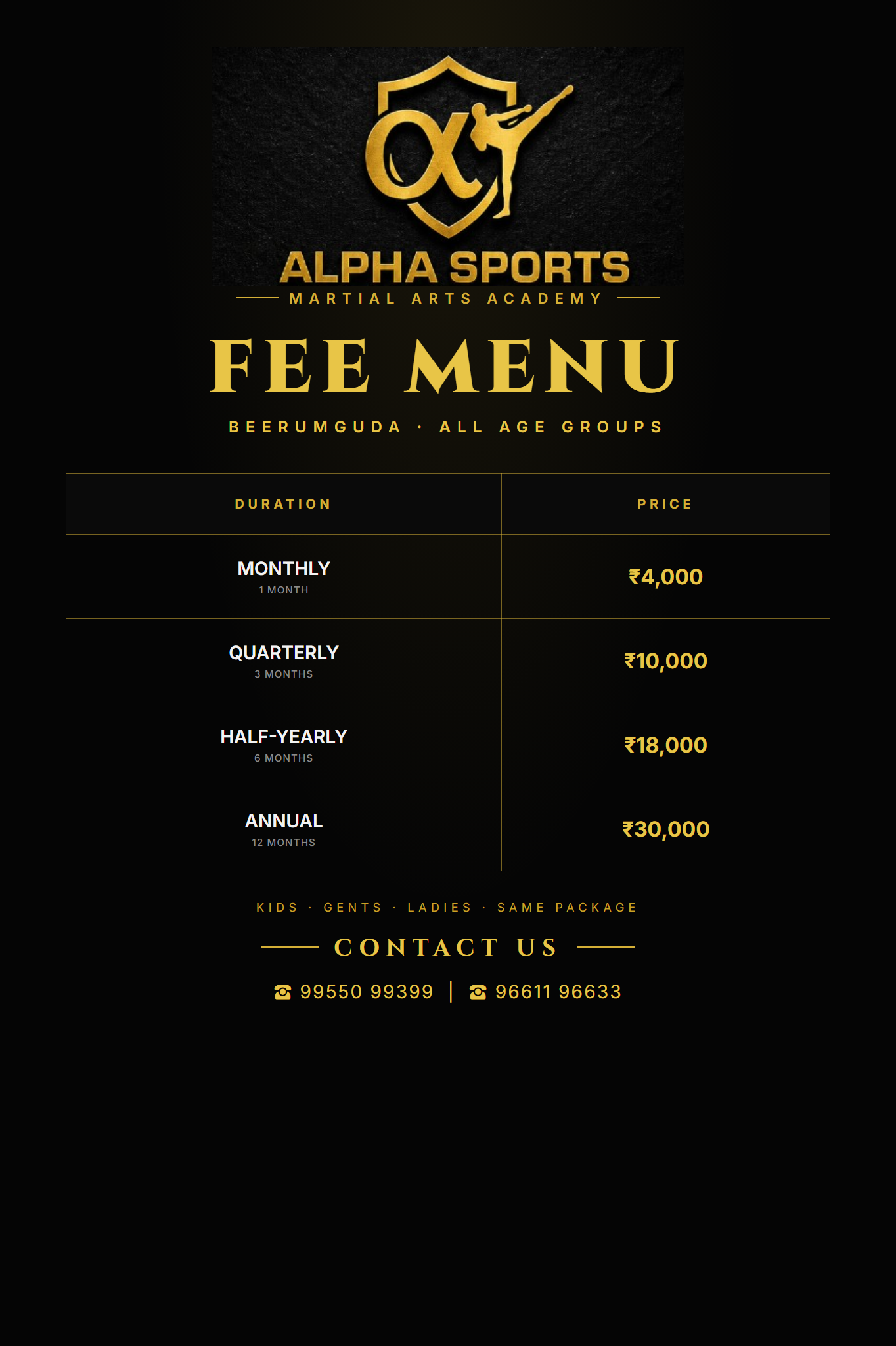 Alpha Sports fee menu — Beerumguda all-ages prices