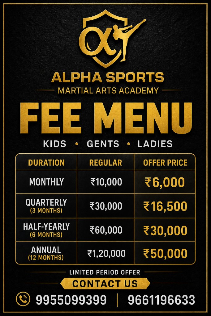 Alpha Sports fee menu — Kids, Gents, Ladies offer prices