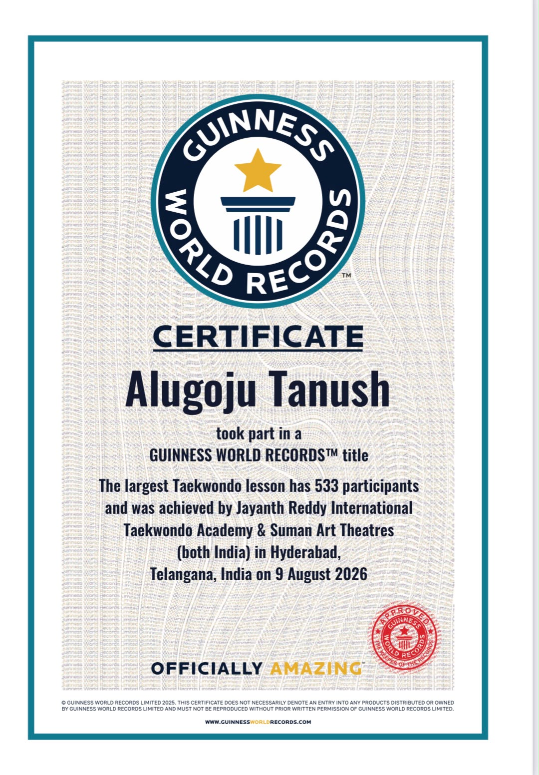 Guinness certificate — Alugoju Tanush