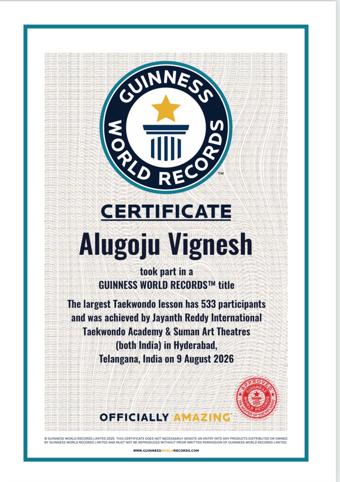Guinness certificate — Alugoju Vignesh