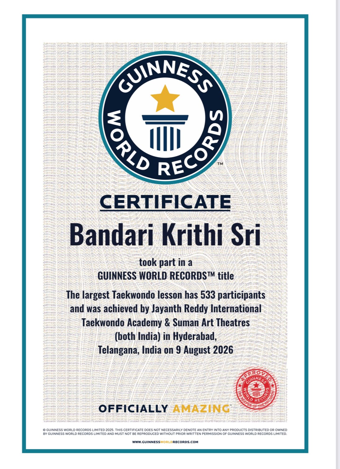 Guinness certificate — Bandari Krithi Sri
