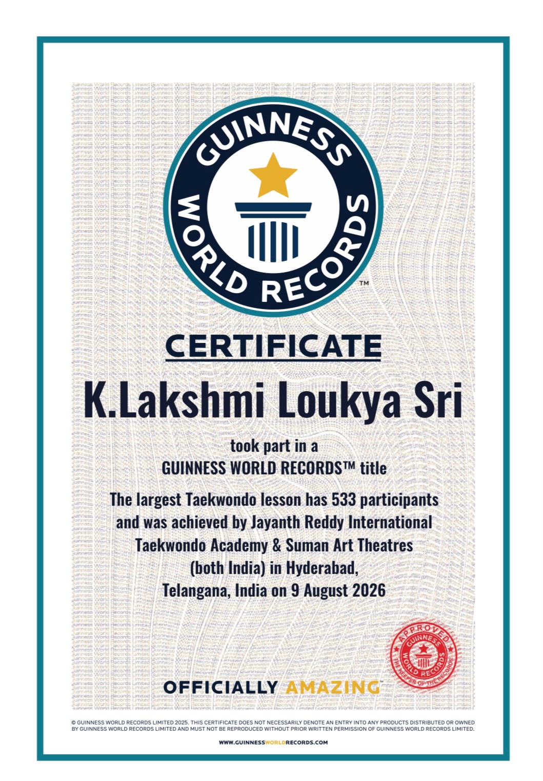 Guinness certificate — K. Lakshmi Loukya Sri