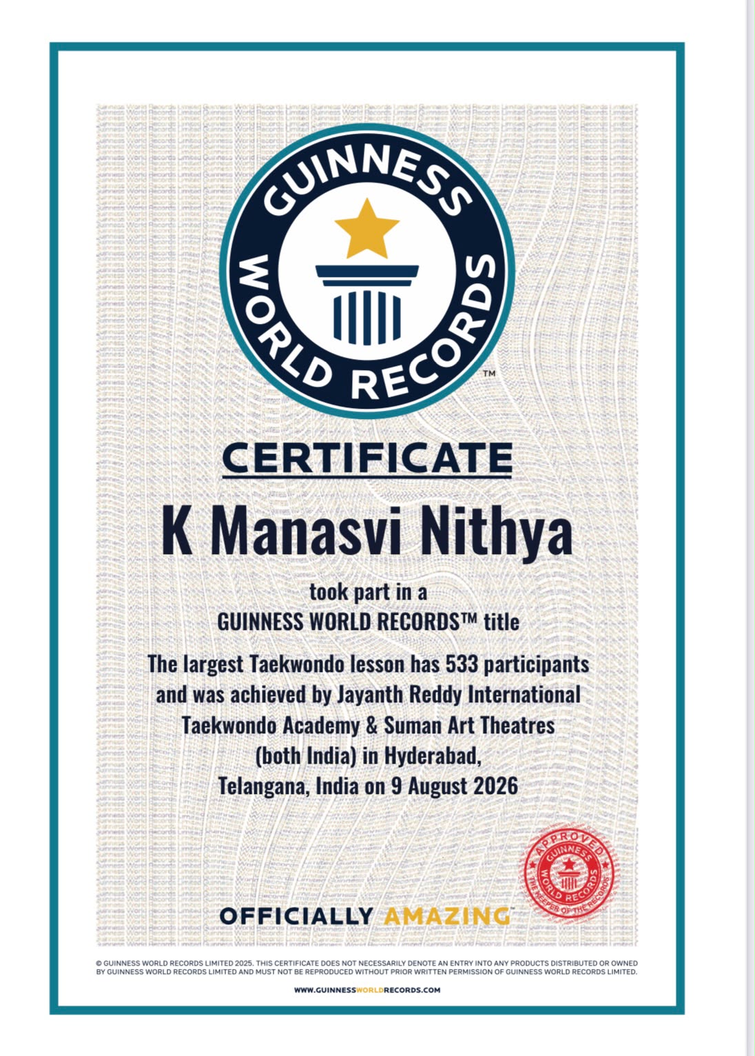 Guinness certificate — K Manasvi Nithya