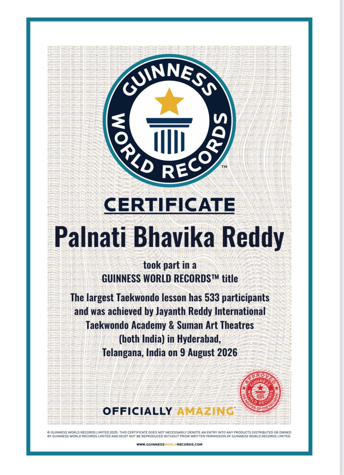 Guinness certificate — Palnati Bhavika Reddy
