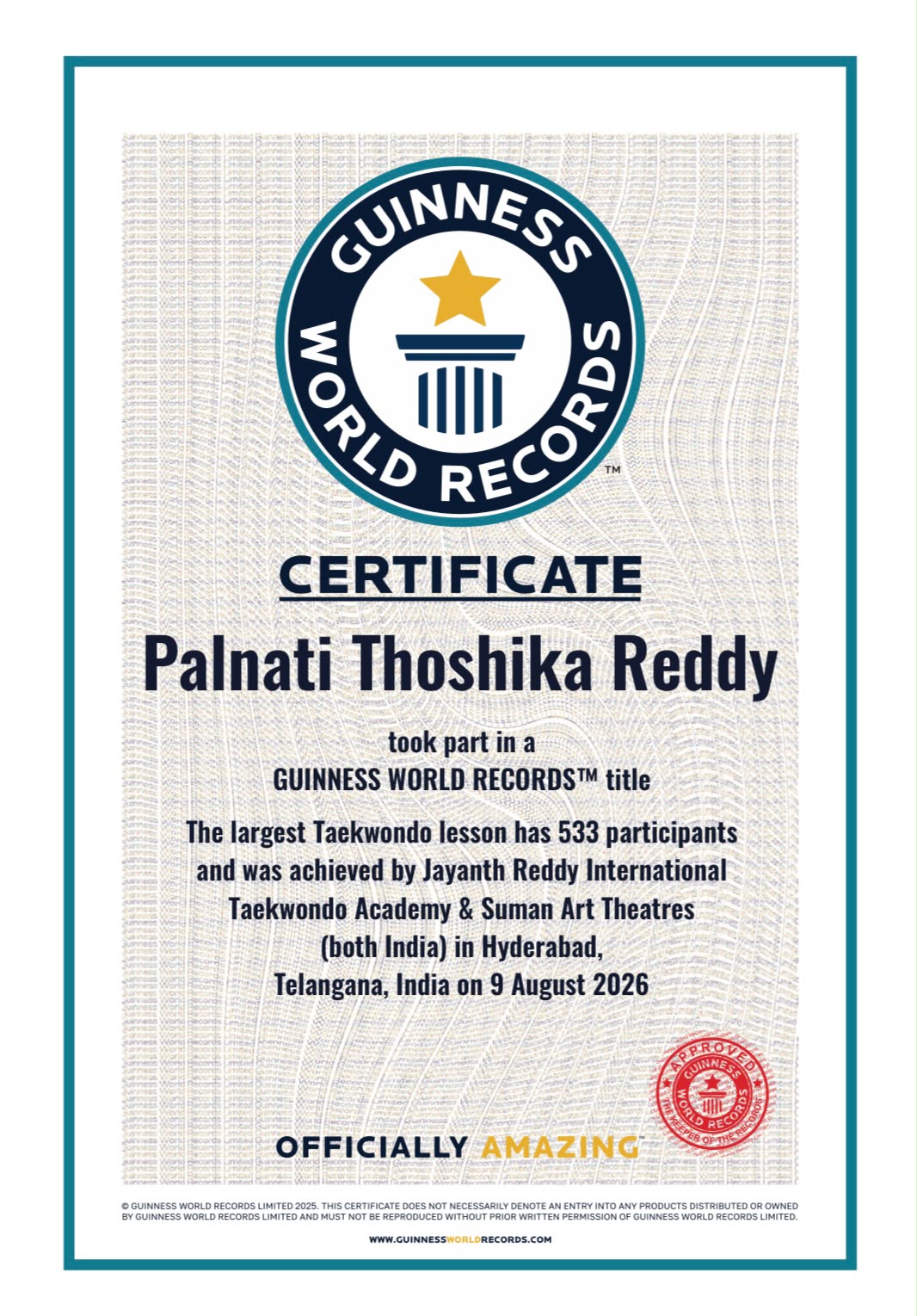Guinness certificate — Palnati Thoshika Reddy