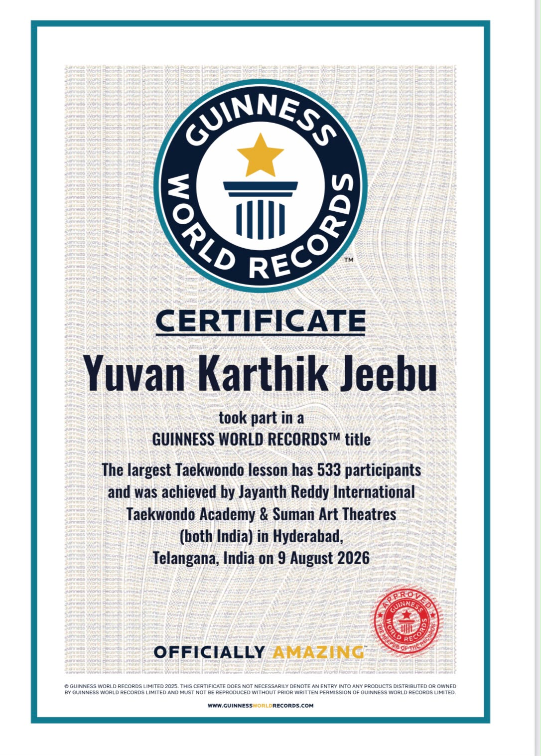 Guinness certificate — Yuvan Karthik Jeebu